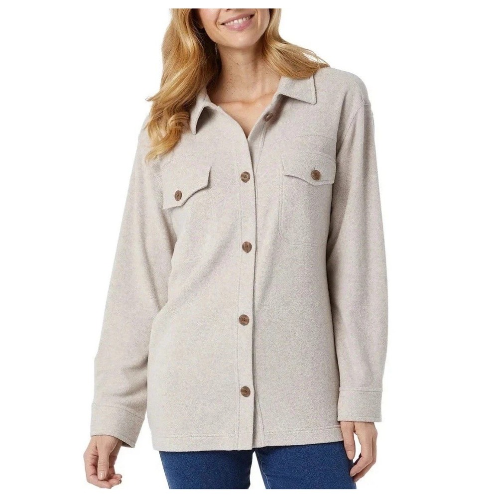 NWT 32 Degrees Heat Women's L Tan Button up Shirt Cotton Blend Fleece